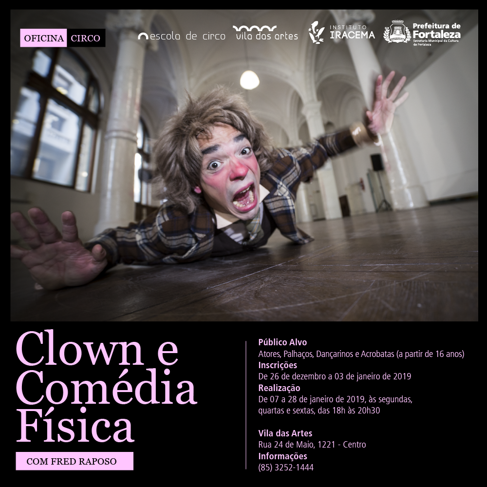 Na foto, palhaço atirado ao chão com a boca aberta e os braços abertos. Abaixo da imagem, texto com as informações básicas sobre a oficina Clown e Comédia Física