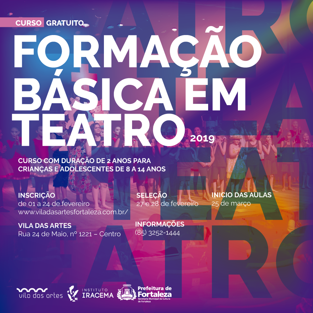 Fundo colorido com imagem de crianças sobre um palco. Texto: Formação Básica em Teatro 2019.