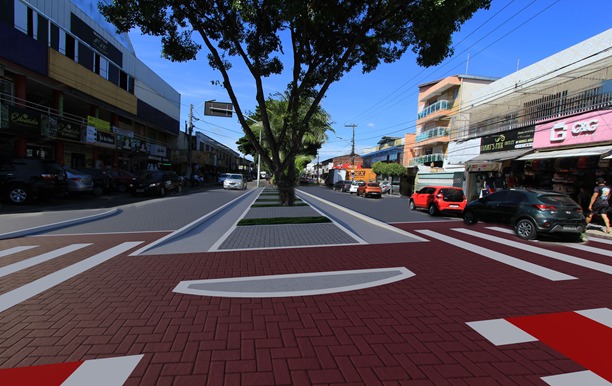 maquete da avenida mozart lucena após a reforma, com piso intertravado e pintura vermelha na faixa de pedestre